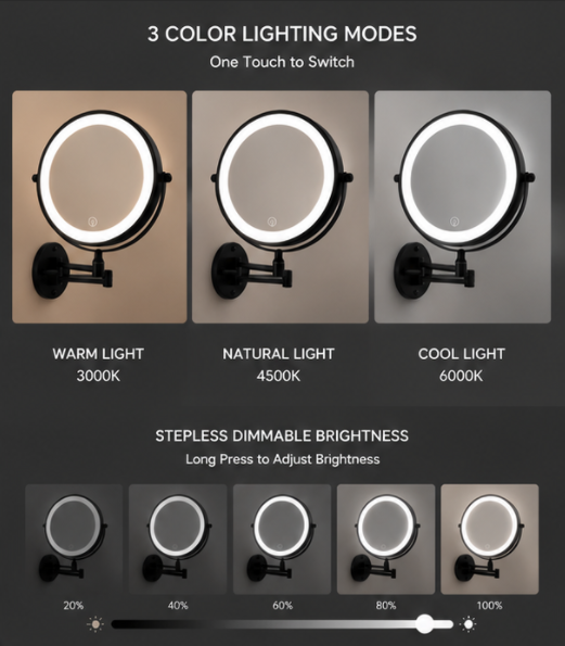 VENEZINA 10X Dimmable Touch Control 360 Rotation Wall-Mounted Vanity Mirror