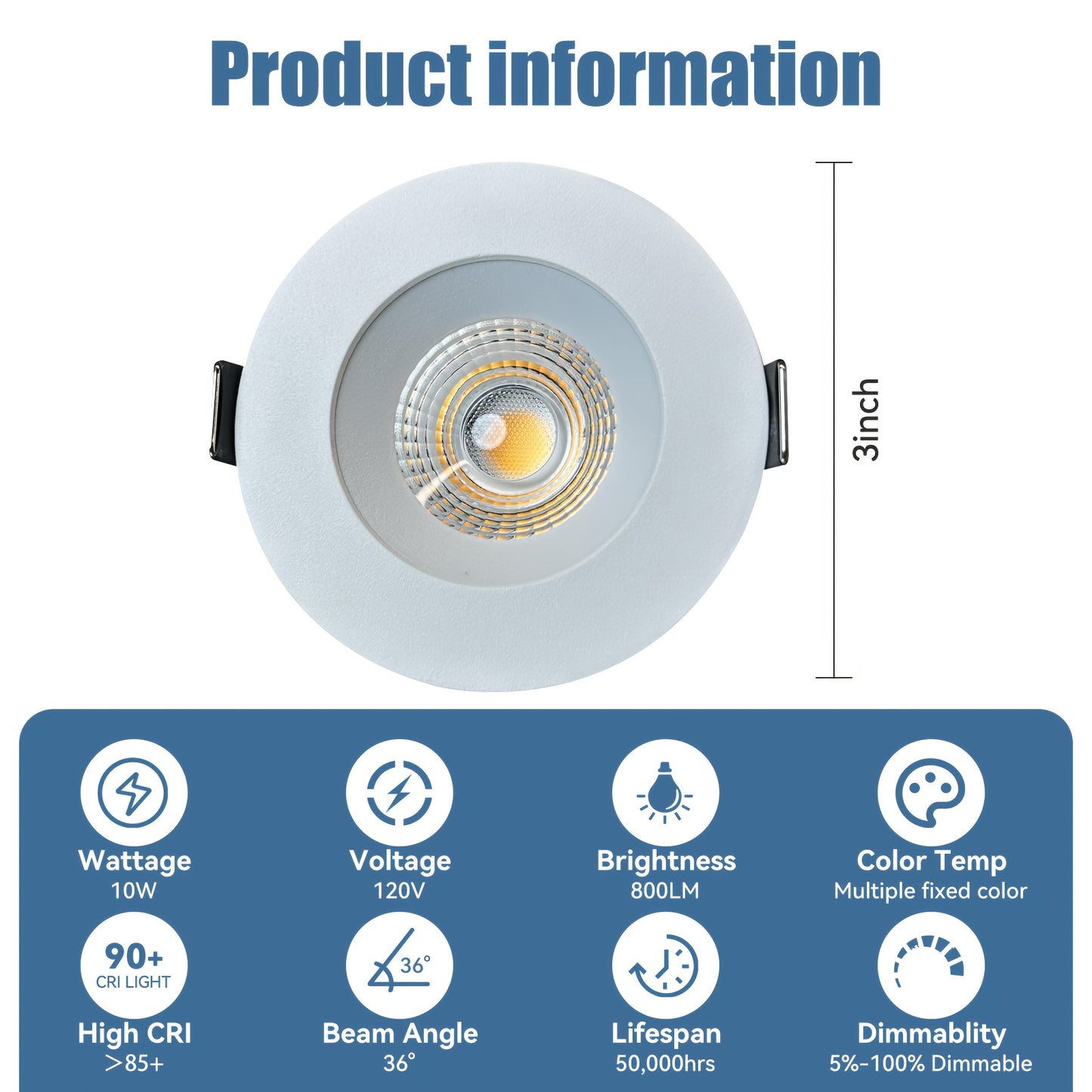 8pcs VENEZINA R6210+A6153 10W 3-Inch COB LED Recessed Downlight