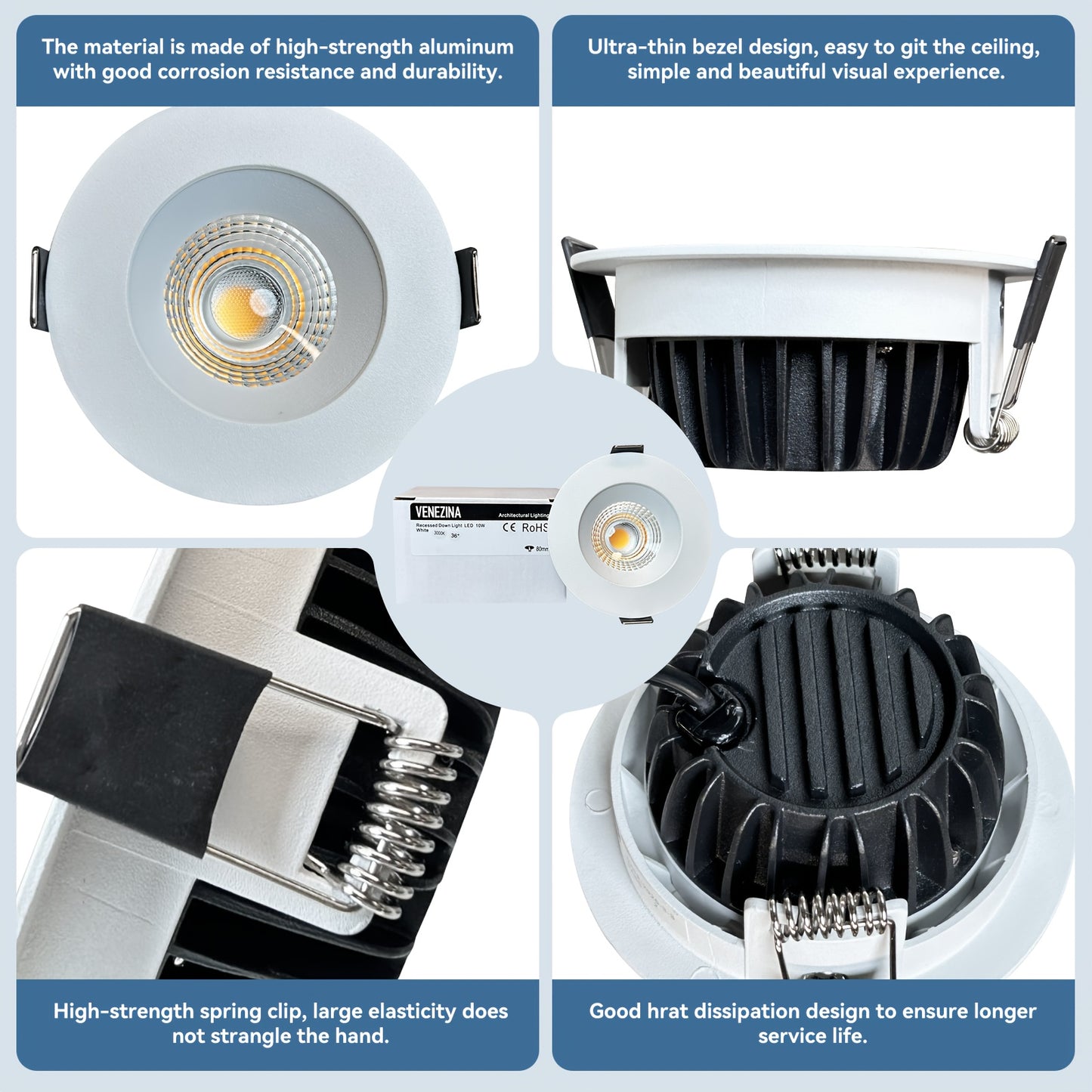 8pcs VENEZINA R6210+A6153 10W 3-Inch COB LED Recessed Downlight