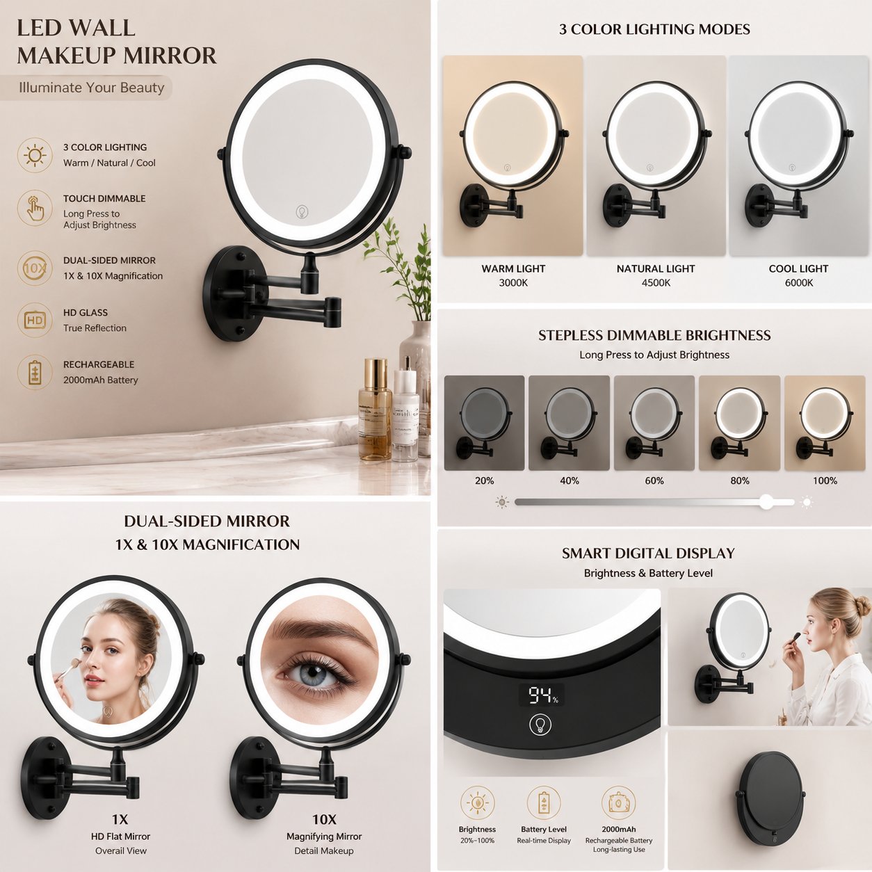 VENEZINA 10X Dimmable Touch Control 360 Rotation Wall-Mounted Vanity Mirror